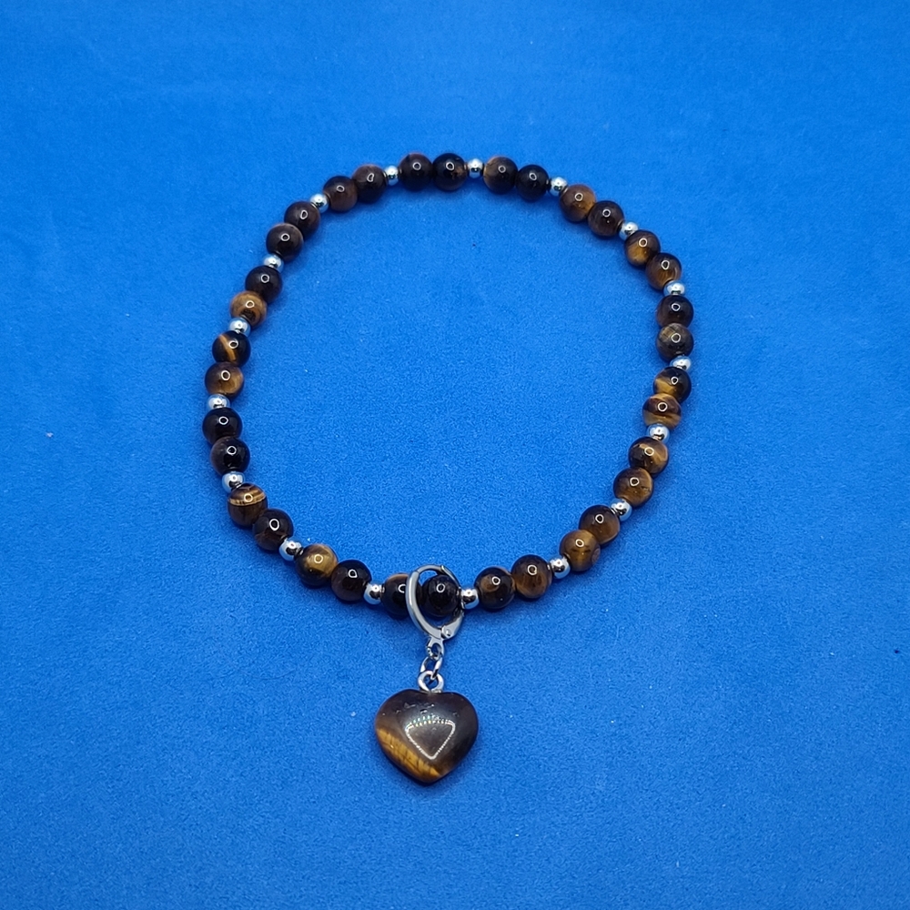 NEW So. African Tiger's Eye Beaded Stretch Heart Charm Anklet or Bracelet - Picture 2 of 5